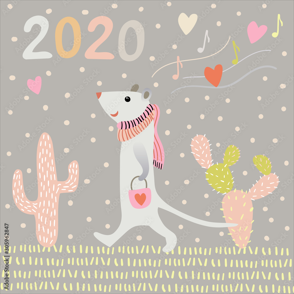 Vector image of a happy rat in a scarf and with a handbag among snowflakes, hearts, notes and numbers 2020 on a gray background in the Scandinavian style