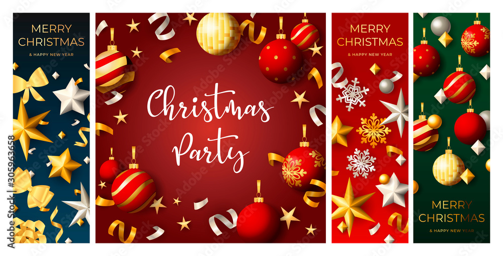 Christmas Party flyer set with hanging baubles, confetti, balls, streamer, ribbons, bows. Vector illustration for festive poster, greeting card, announcement banner design Christmas Party flyer set with hanging baubles, confetti, balls, streamer, ribbons, bows. Vector illustration for festive poster, greeting card, announcement banner design