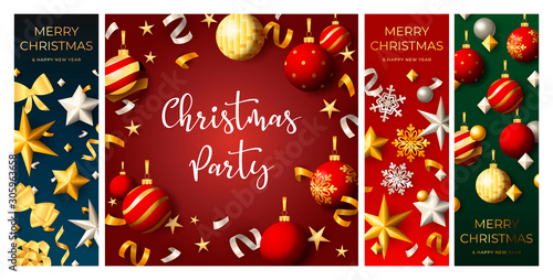 Fototapeta Naklejka Na Ścianę i Meble -  Christmas Party flyer set with hanging baubles, confetti, balls, streamer, ribbons, bows. Vector illustration for festive poster, greeting card, announcement banner design