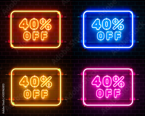 Neon 40 off text banner color set. Night Sign.