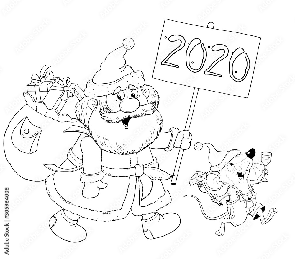New Year 2020. Christmas. Year of the Rat. Coloring page. Christmas card. Poster. Cute and funny cartoon characters