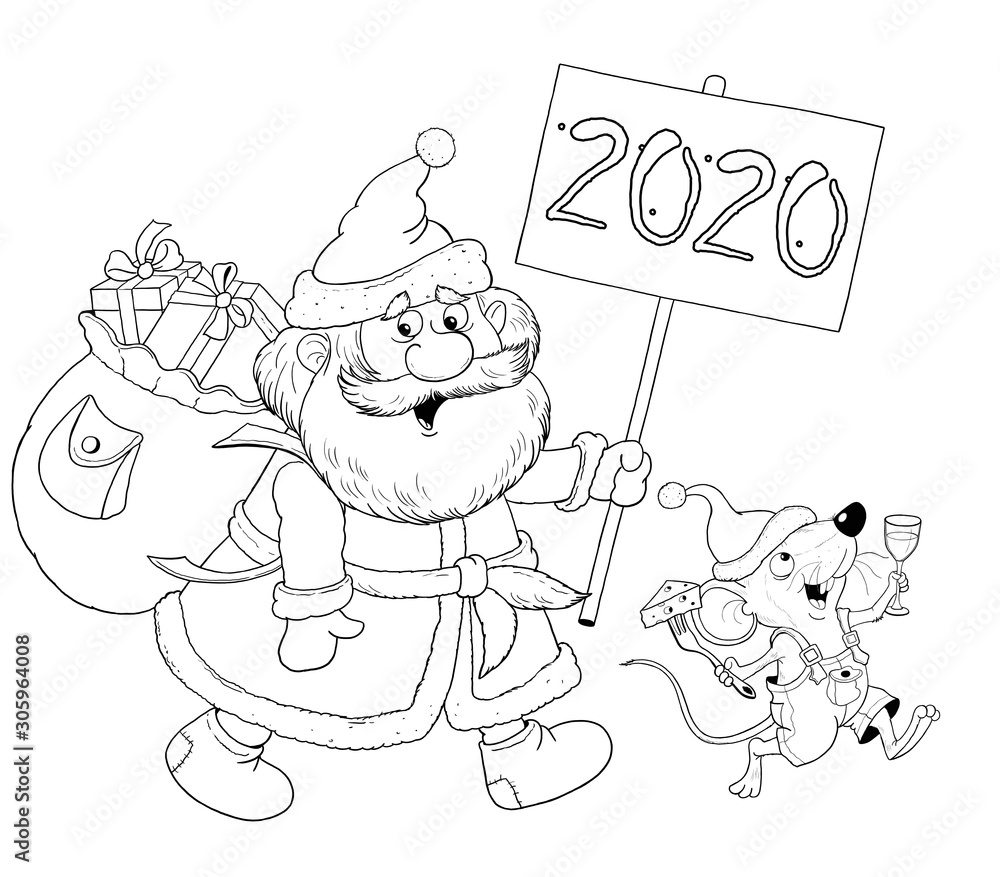 New Year 2020. Christmas. Year of the Rat. Coloring page. Christmas card. Poster. Cute and funny cartoon characters New Year 2020. Christmas. Year of the Rat. Coloring page. Christmas card. Poster. Cute and funny cartoon characters