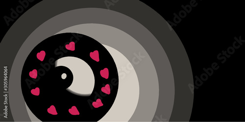 Pink heart shape in the eyes - eye design with a heart shape inside the eye Like love, look in whichever direction, only love is pink, black background