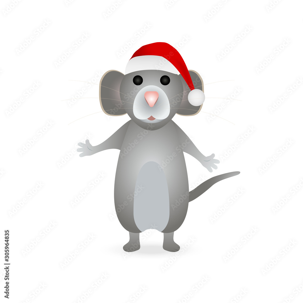 Naklejka premium Gray mouse symbol of the new year 2020 in a Santa Claus hat on a white