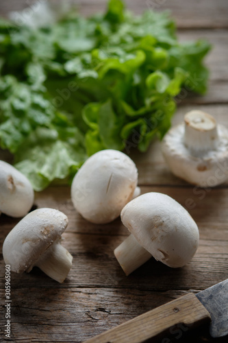 Raw mushrooms with rustic background