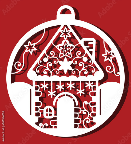 Gingerbeads house in christmas ball for laser cutting Monochrime ornamental simple drawing photo