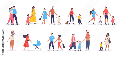 Bundle of walking families. Collection of mothers, fathers and children spending time together. Set of strolling parents and kids isolated on white background. Flat vector illustration