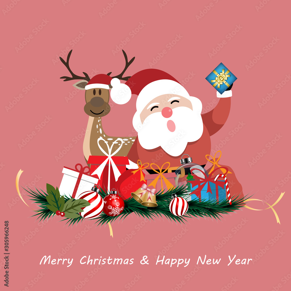 Christmas and Happy New Year background, Santa Claus and reindeer with gift in winter. Vector illustration. Christmas and Happy New Year background, Santa Claus and reindeer with gift in winter. Vector illustration.