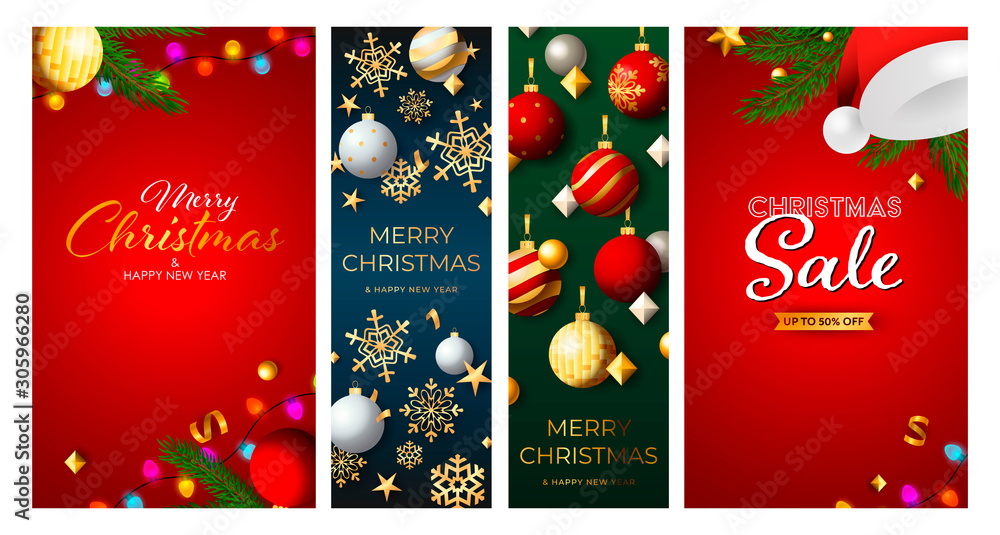 Christmas Sale poster set with Santa hat, fir tree branch, hanging baubles, snowflakes, strings of lights. Vector illustration for advertising flyers, banner design Christmas Sale poster set with Santa hat, fir tree branch, hanging baubles, snowflakes, strings of lights. Vector illustration for advertising flyers, banner design