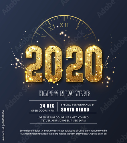 Happy New Year 2020 - New Year Shining background with gold clock and glitter. Festive poster or banner design.