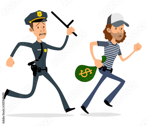 Cartoon flat cute funny police officer with baton running behind thief robber with money bag. Isolated on white background. Vector icon.