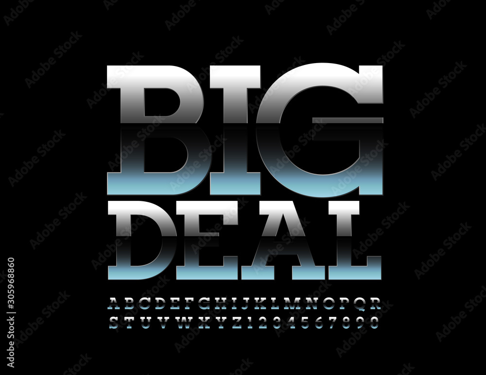 Vector bright Sign Big Deal. Metallic gradient Font. Silver Alphabet Letters, Numbers and Symbols. Vector bright Sign Big Deal. Metallic gradient Font. Silver Alphabet Letters, Numbers and Symbols.