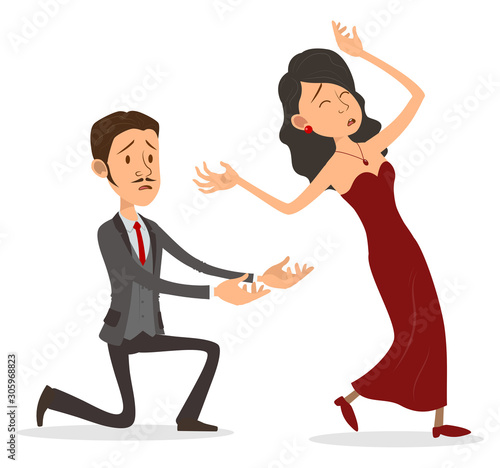 Cartoon flat cute funny handsome gentleman in gray suit with tie making a propose standing on knee to lady in red evening dress characters. Isolated on white background. Vector icon.