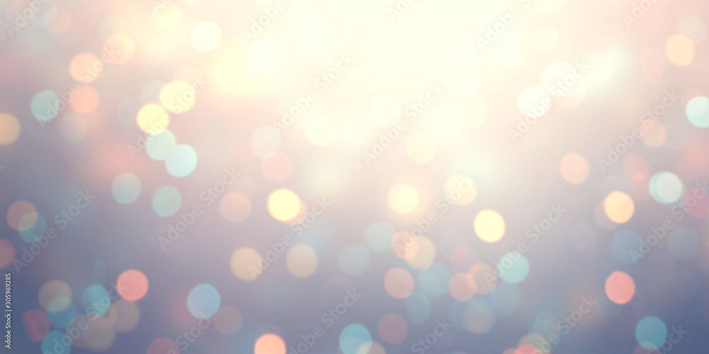 Fototapeta premium Bokeh sequins pattern. Silvery golden shimmer. New year wonderful festive space. Brilliant confetti. Blurred illustration. Defocused template. Empty background. Abstract texture.