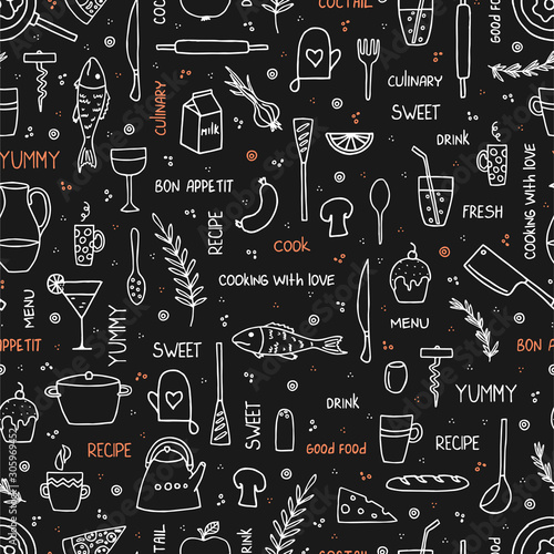 Hand drawn doodle food and kitchen utensils seamless pattern on black background. Vector illustration.