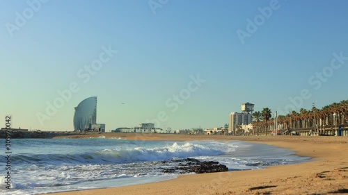 Morning on the beach of Poblenou in Barcelona, Spain
