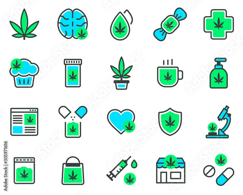 Cannabis Products, Marijuana growing vector icons. Medical cannabis and CBD related colorful outline icon set. 