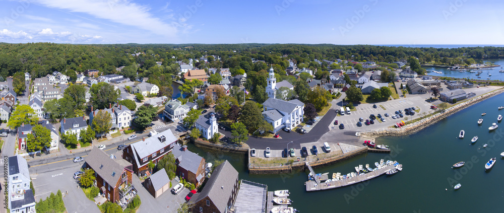 Manchester City Hall and First Parish Church panorama, Manchester by the sea, Cape Ann, Massachusetts, MA, USA.