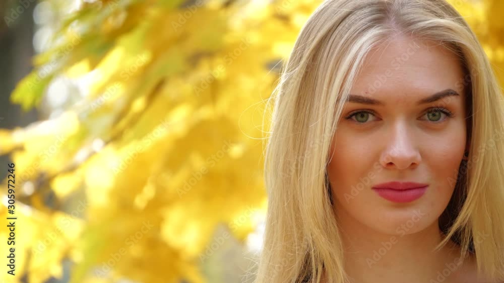 Close up portrait of happy beautiful young woman with blonde hair on a background of autumn park with blurred yellow leaves. Copy space Close up portrait of happy beautiful young woman with blonde hair on a background of autumn park with blurred yellow leaves. Copy space
