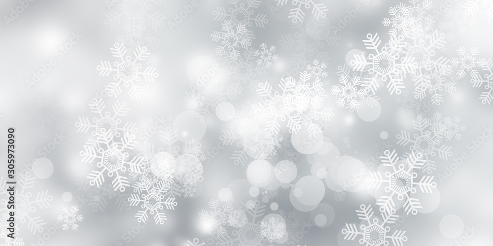 white and gray Christmas light with snowflake bokeh background, Winter backdrop wallpaper.