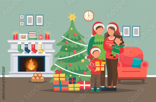 Family with Christmas tree and interior. Decorated fireplace. Cute vector illustration in flat style