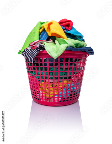 A basket with laundry on a white background.