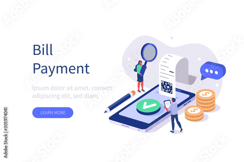 People Characters paying Bill on Smartphone. Woman and Man Characters checking Online Receipt or Invoice. Online Banking Technology and Mobile Payment Concept. Flat Isometric Vector Illustration.  photo