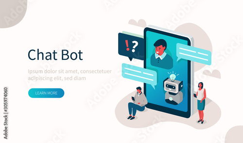  Customers having Dialog with Chat Bot on Smartphone. Characters Chatting with Robot, Asking Questions and receiving Answers. AI Chatbot Support and FAQ Concept. Flat Isometric Vector Illustration. 