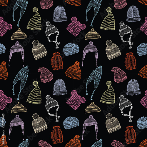 Seamless pattern of various knitted hats for winter