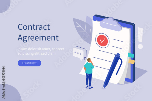 Man Character Standing near Contract Document, Reading Privacy Policy and Terms and Conditions. Businessman Signing Contract. Contract Agreement Concept. Flat Isometric Vector Illustration. 