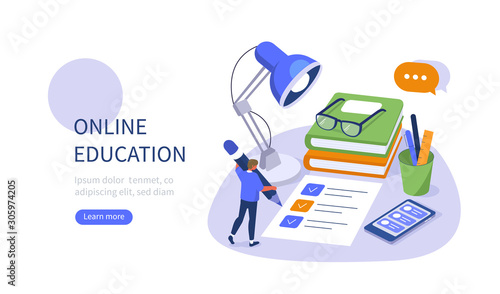 Student Character Writing Notes at Desk with Smartphone, Books and Other Studying Supplies. Boy Preparing to Exam and Making Test. Education and Learning Concept. Flat Isometric Vector Illustration.