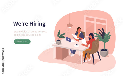 Hr Manager Talking Interview with Job Candidate. Man and Woman Characters have a Dialogue. People Recruitment Process. Human Resource Management and Hiring Concept. Flat Cartoon Vector Illustration