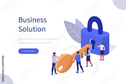  Business Team Holding Golden Key and Unlocking the Lock. Successful Businessman and Businesswoman  Working Together. Business Solution Concept. Flat Isometric Vector Illustration.