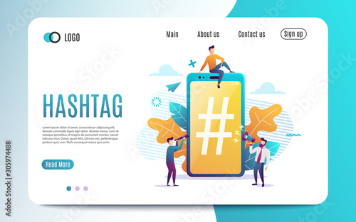 Big smartphone with hashtag sign, small people and social networks. Vector illustration. Colorful flat style