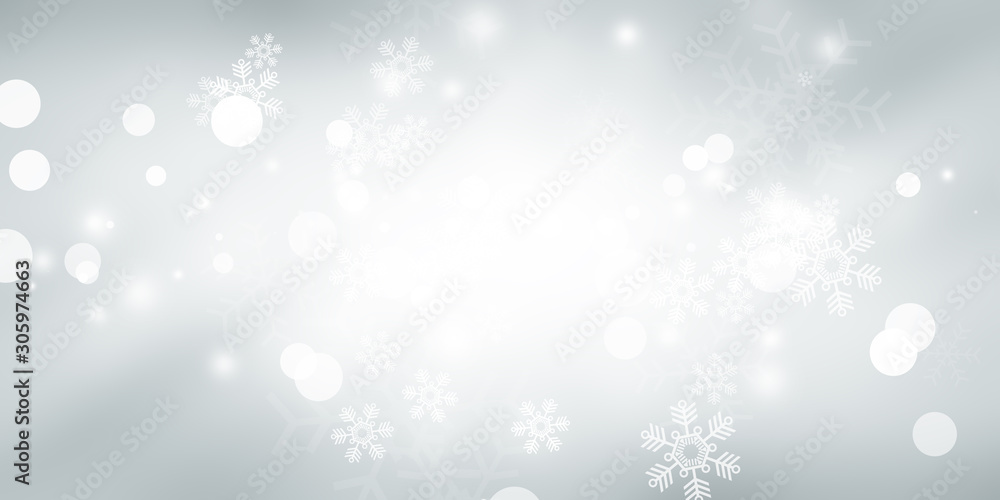 white and gray Christmas light with snowflake bokeh background, Winter backdrop wallpaper.