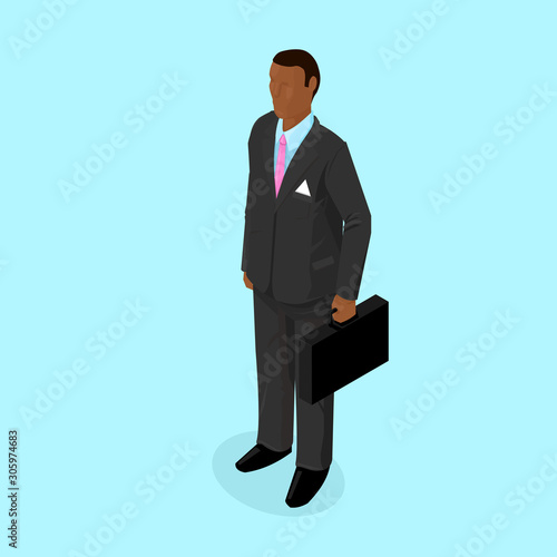 Isometric african american businessman With briefcase vector icon illustration