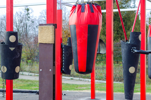 Boxing simulators outdoors. Boxing on the street. Healthy lifestyle. photo