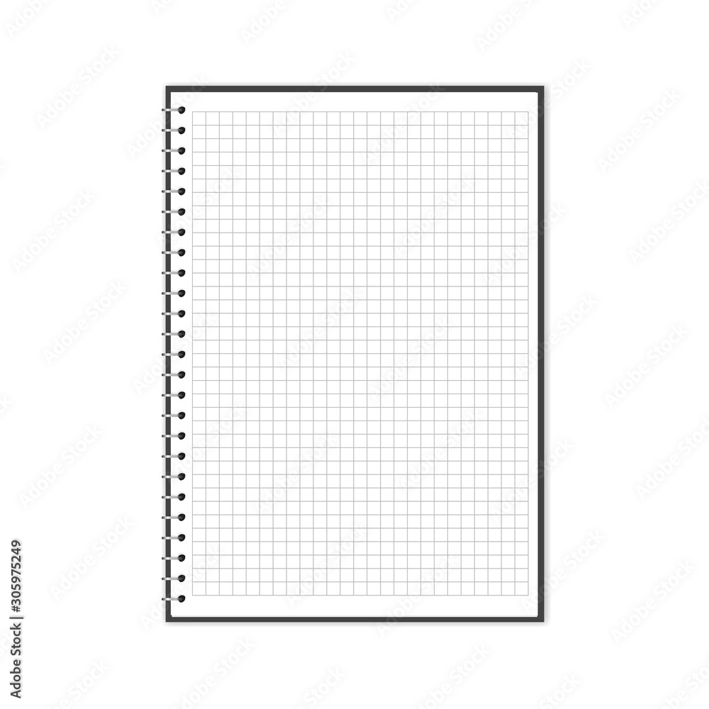 Vector illustration of open block note with square grid. Empty notebook  with copy space isolated on white. Blank notepapers can be used as a mock  up, background or template. Eps 10. Stock-Vektorgrafik