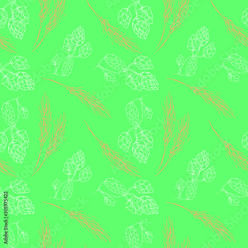 Seamless pattern of hop and malt green background, for wrapping paper, wallpaper, fabric pattern, backdrop, print, gift wrap, cover of notebook, envelope