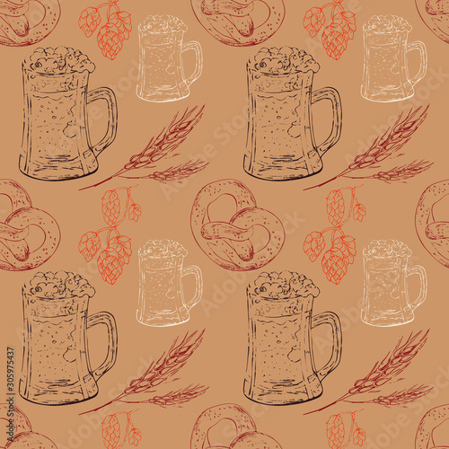 Seamless pattern of beer elements , for wrapping paper, wallpaper, fabric pattern, backdrop, print, gift wrap, cover of notebook, envelope