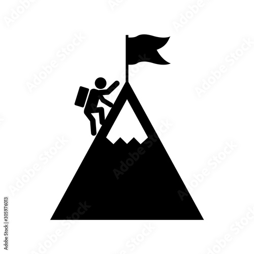 Man with Flag standing on the top of Mountain icon, logo isolated on white background. Climbing to the top