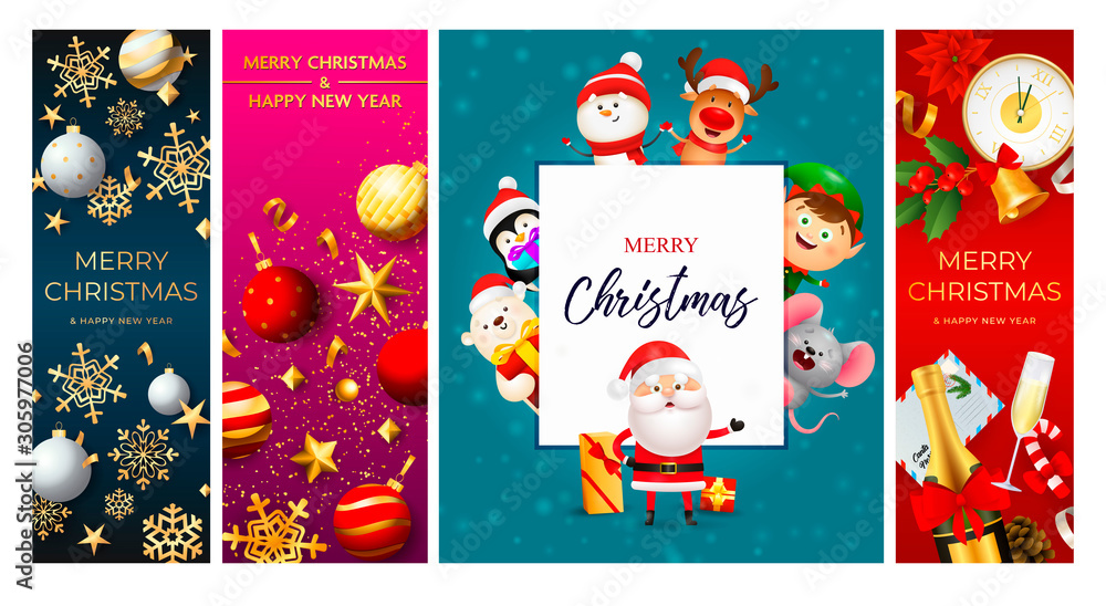 Fototapeta premium Merry Christmas blue greeting card with Santa Claus. Posters with decorations can be used for invitation and greeting card. Holiday concept