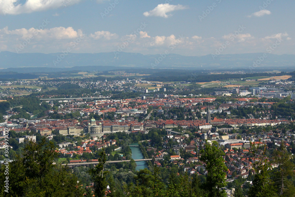 Bern. View on the city and landscape of Bern from park Gurtenpark on a sunny day on August 3, 2019
