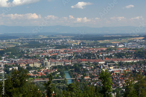 Bern. View on the city and landscape of Bern from park Gurtenpark on a sunny day on August 3, 2019