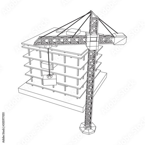 Building under construction with crane. Build house construct in process. Wireframe low poly mesh vector illustration