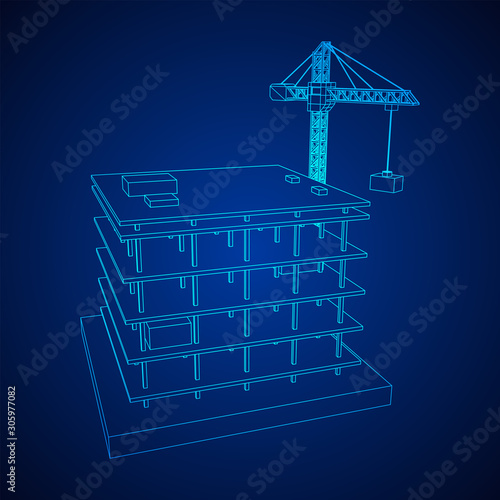 Building under construction with crane. Build house construct in process. Wireframe low poly mesh vector illustration