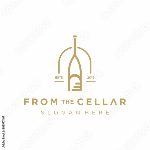 Wine cellar logo template design with three bottles. Vector illustration.