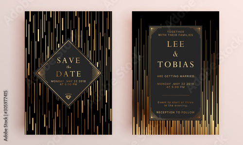 Beautiful set of wedding card templates. Gold collection of geometrical polyhedron, art deco style for wedding invitation, luxury templates, decorative patterns. photo