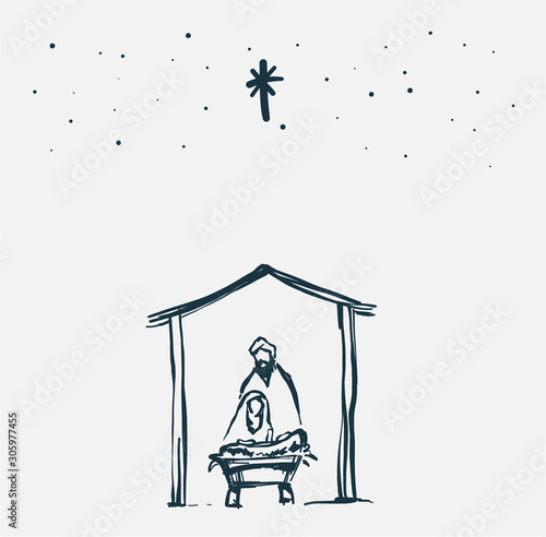 Stampa su tela Drawing, Bible Merry christmas scene of holy family. Vector