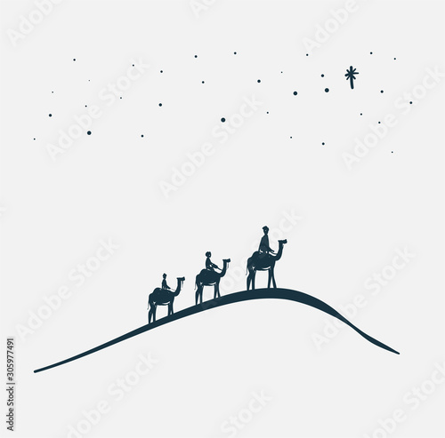Drawing, Bible Merry christmas scene of holy family. Vector